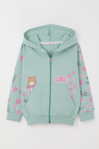 Breeze Kız Çocuk Hırka Sevimli Kız Baskılı Kolları Çiçek & Kalp Desenli 1-4 Yaş, Su Yeşili Su Yeşili