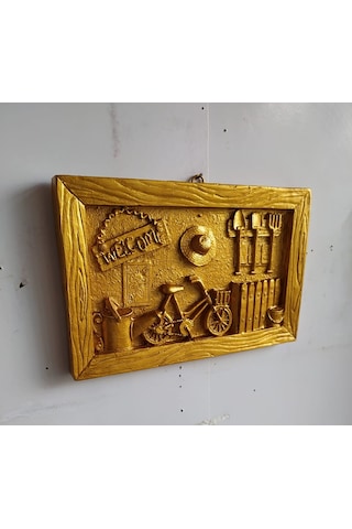 Altın Varaklı Polyester Retro Vintage Pano Duvar Süsü 23X15 Cm