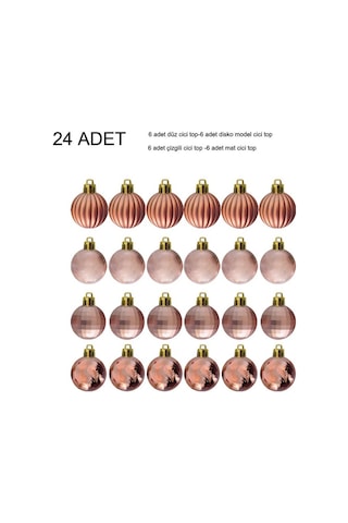 Rosegold Renk 3 Cm Yılbaşı Çam Ağacı Süsü 4 Model Cici Top 24 Adet