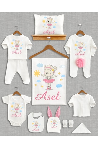 Ponponlu Tavşan İsme Özel 11 Parça Kız Bebek Hastane Çıkışı Seti Ekru
