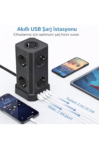Kule Tipi Çoklu Priz 3680w 9 Lu Topraklı Priz + 2 Usb + 2 Type-c Masaüstü Dikey Akım Korumalı Priz 2 m