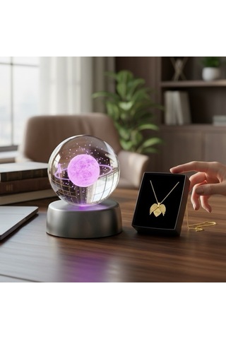 Kişiye Özel Romantik Işıklı Kristal Küre Gezegen Lamba & Melek Kanadı Kolye Kombin Seti