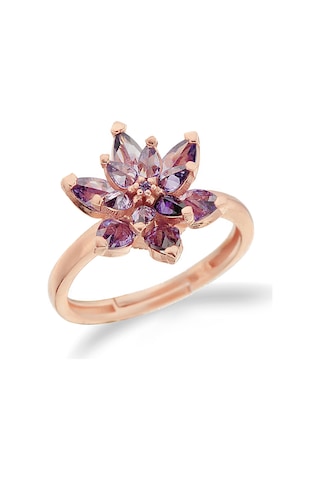 925 Ayar Gümüş Rose Mor Lotus Çiçeği Yüzük - 34023301