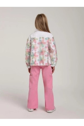 Kız Çocuk Tasarım Çiçekli Kot Ceket-15577 Beyaz