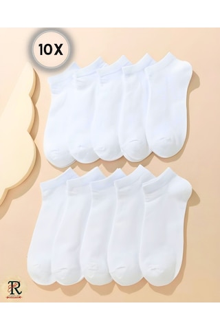 Trampler Unisex 10 Çift Ekonomik Beyaz Patik Pamuk Çorap Beyaz