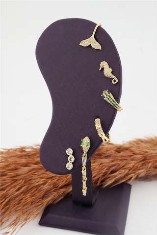 Kadın Kararmaz Altın Kaplama Yılan Detaylı 6'Lı Zirkon Set Küpe Altın-M