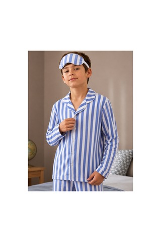 Free Beka Çocuk Önden Düğmeli Pijama Takımı Mavi Çizgili Pijama