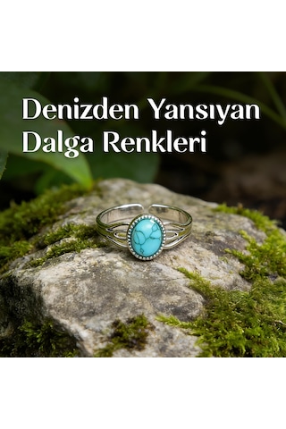 Sentetik Turkuaz Taşı Çelik Yüzük Renkli