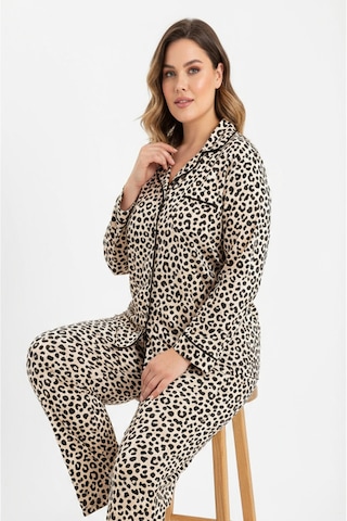 Bravie Luxury Viscose Leopar Desenli Kadın Uzun Kollu Büyük Beden Pijama Takımı 42526 Leopar2