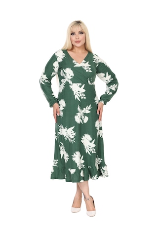 Melsay Butik Kışlık Yumoş Kumaş Kruvaze Yaka Yeşil Beyaz Yaprak Desen Eteği Fırfırlı Midi Elbise Yeşil
