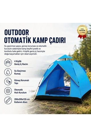 Outdoor Otomatik Kamp Çadırı Cm Su Geçirmez Güneş Korumalı Kolay Kurulum 4 Kişilik-1614 Açık Mavi