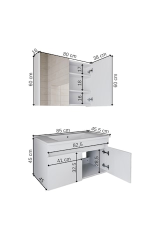 Banos Al3 Lavabolu Beyaz 85 Cm Aynalı Banyo Dolabı Takımı Beyaz