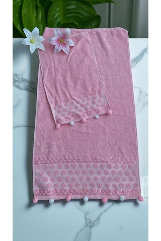 Analı Kızlı Pomponlu 2 Li Havlu Set Pembe