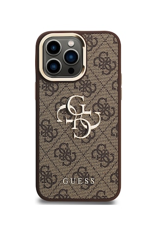 Apple Uyumlu iPhone 14 Pro Max Kılıf Guess Lisanslı Metal 4g Ve Yazı Logolu Kamera Standlı Kapak Kahveren