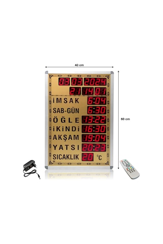 Dijital Cami Saati 40x60 Cm Tam Gold Kumandalı Gold