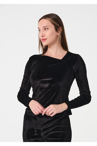 Mois Atelier Siyah Kadife Büzgülü Bluz Tasarım Büyük Beden Bayramlık