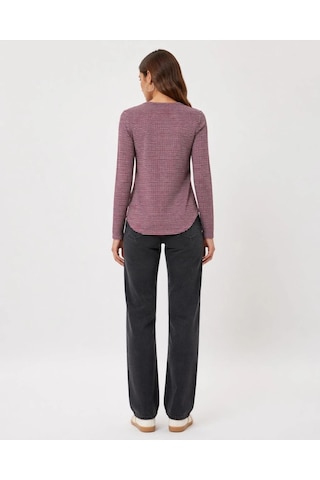 Wear Vexel Kadın Dokulu Çizgili Uzun Kollu Tişört Oval Kesim Basic Rahat Kalıp Bluz - Bordo Bordo