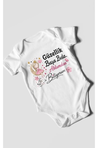 Morivokids Güzellik Başa Bela Ablamdan Biliyorum Kısa Kollu Bebek Body %100 Pamuk Beyaz
