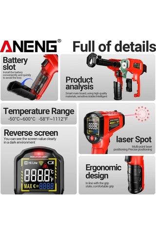 Boatshop1 Aneng Th203 Kırmızı Endüstriyel Kızılötesi Termometre Higrometre -50 600 Lazer Hedefleme Lcd Ekran Yüksek Hassasiyet