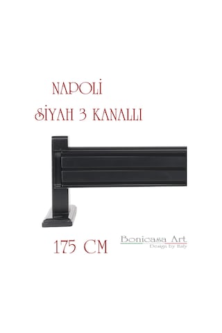Napoli Ahşap Başlıklı 3 Kanallı Alüminyum Dekoratif Ray Korniş Modern Rustik Siyah 175 Cm Siyah