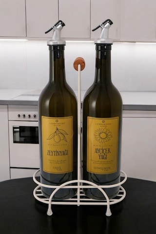 Digithome Petra 2'li Krem Metal Standlı Ahşap Saplı Yağdanlık Seti Gold Etiketli Amber Yağlık 750 Ml Krem