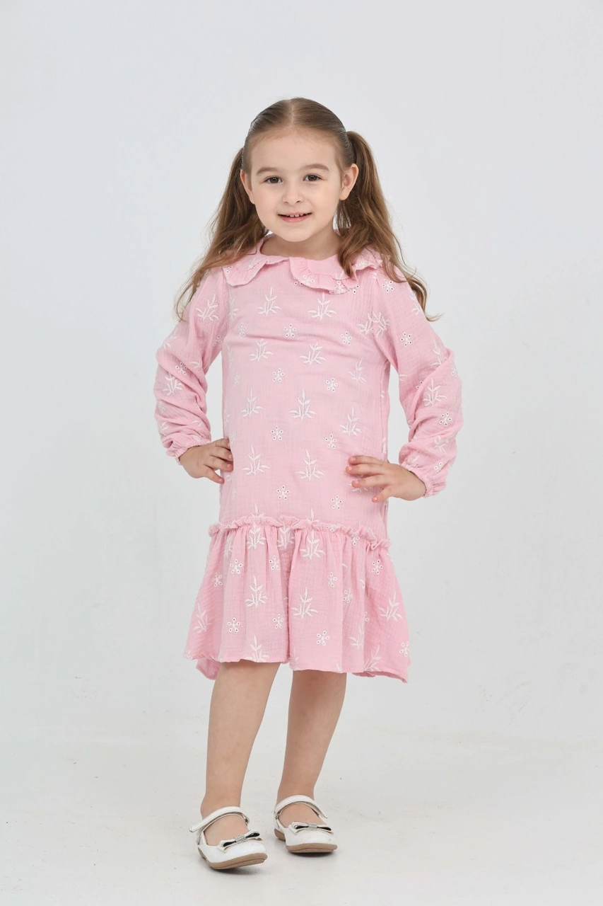 Toontoy Kız Çocuk Çiçek Nakışlı Bebe Yaka Elbise Açık Pembe