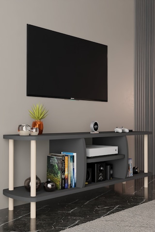 Modern Tv Ünitesi Ahşap Raflı 2 Katlı 4 Raflı Televizyon Sehpası Televizyon Ünitesi Antrasit