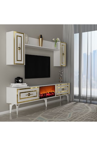 Violla Şömineli Tv Ünitesi Takımı Beyaz-altın