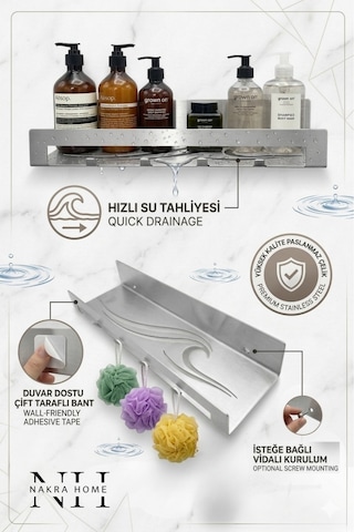 Paslanmaz Çelik Çok Amaçlı Banyo Ve Mutfak Rafı 4 Askılı, Yapışkanlı & Vidalı Kurulum Inox