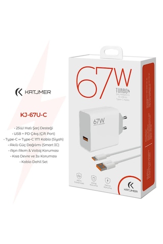 Katjmer Kj-67u-c Usb'li 67w+6a Type-c Kablolu Turbo Ev Tipi Şarj Aleti Salise Gösterir Beyaz