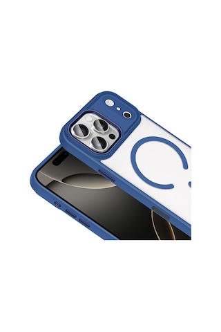 Techaks Apple Uyumlu iPhone 17 Pro Max Kılıf Wireless Şarj Özellikli Zore Krom M-safe Silikon Kapak - Lacivert Lacivert