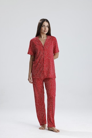Kompedan Kadın Puantiye Desen Önden Düğmeli Pijama Takım Kırmızı P. Kırmızı