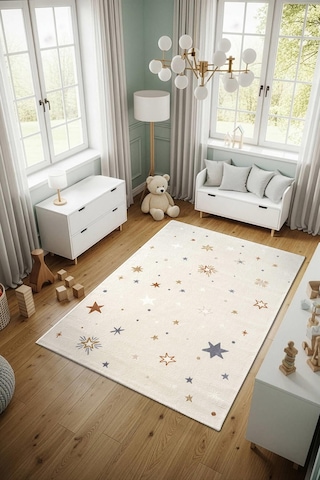Cotto Kids Ck001r Krem Halı Renkli Yıldız Desen Kaymaz Taban Yumuşak Yıkanabilir Çocuk Odası Halısı