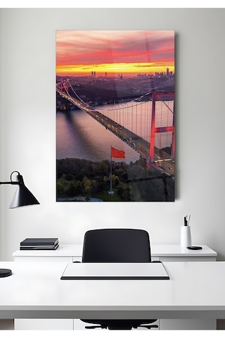 Boğaz Köprüsü Cam Tablo 4 Mm Temperli Cam İstanbul Gün Batımı Duvar Dekoru
