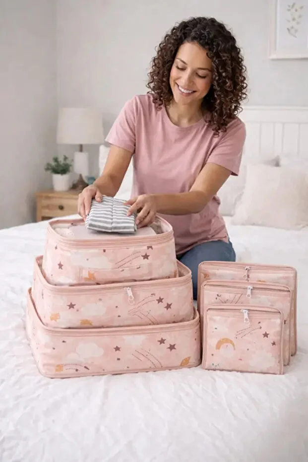 Lüx Premium Bebek Arabası Organizer Çanta I 6'lı Set Desenli Bavul Valiz Içi Çok Amaçlı Organizer Pembe