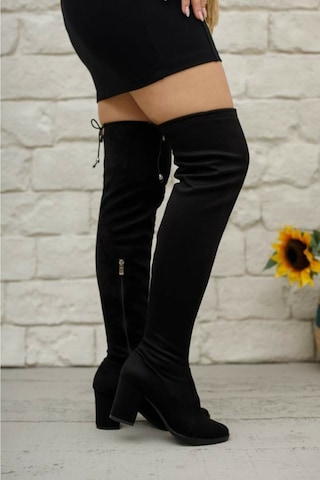 Nstil Günlük Siyah Streç Çorap Süet Kalın Topuk Diz Üstü Kadın Çizme Fermuarlı Bağcıklı Dizüstü Bot 173 Siyah