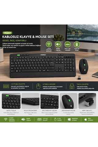 Kablosuz Klavye - Mouse Seti Siyah Usb - Sessiz - Switch Q Klavye Km-2620 Diğer