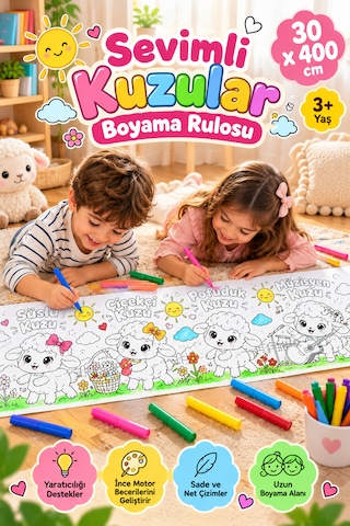 Haydi Dekor Sevimli Kuzular Boyama Rulosu 30x400 Cm 4 Metre Dev Boyama Kağıdı, 3+ Yaş Çocuklar Için Eğitici Ve Eğlenceli Aktivite Rulosu, Okul Öncesi Anaokulu Kreş Etkinliği, 1 Adet