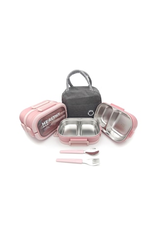 Valkyrie 304 Çelik Bölmeli Lunch Box Seti Termal Çantalı, Bölmeli, Çatal Kaşıklı, Sızdırmaz Yemek Kabı Pembe Pembe