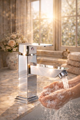 Viosa Krom Lavabo Bataryası Modern Kare Tasarım Banyo Musluğu Sıcak Soğuk Ayarlı Çift Su Girişli Siyah