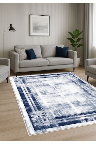 Gri Lacivert Dijital Baskı Salon Halısı Kaymaz Tabanlı Yıkanabilir Halı Yolluk 524 Lacivert