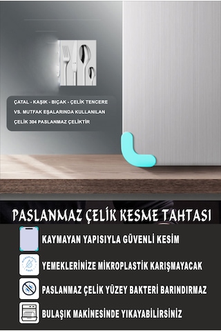Paslanmaz Çelik Kesme Tahtası Çift Taraflı Silikon Ayaklı 304 Kalite Patentli Metal
