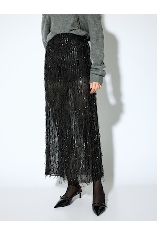 Koton Koton X Melis Ağazat - Slim Fit Yarım Astarlı Otriş Detaylı Transparan Pullu Payetli İşlemeli Uzun Etek Siyah 5wak10450ek Siyah