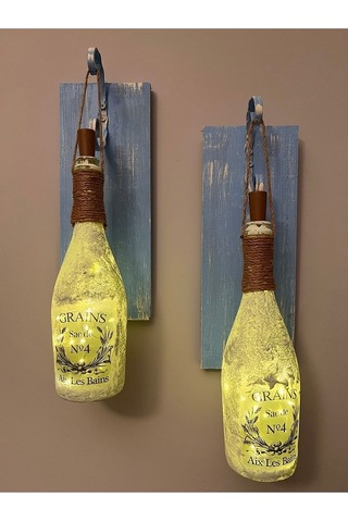 Tıpa Peri Led Işıklı Mavi Eskitme Ahşap Buzlu Cam Şampanya Şişesi Çok Renkli