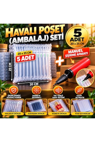 Havalı Poşet Ambalaj Seti 25cm X 20cm 5 Adet + Şişirme Aparatı