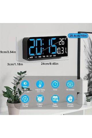 Willowhaven Beyaz Ekranlı 10 İnç Dijital Saat Büyük Ekran Çift Alarm Zamanlayıcı Otomatik Parlaklık