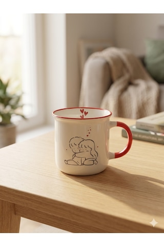 Romantik Çift Tasarımlı 370 Ml Porselen Kupa Kırmızı Kulplu Sevimli Aşk Temalı Kahve Kupası