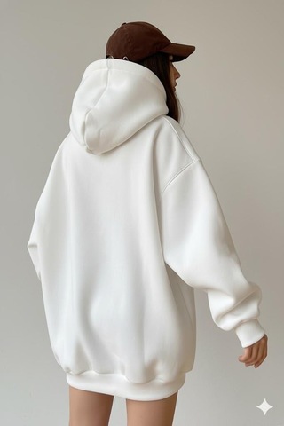 Afri Kadın Oversize Beyaz Sweatshirt 3 İplik Şardonlu Kapüşonlu Cepli Rahat Kalıp Beyaz