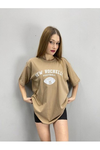 Flood Of Style Kadın Açık Kahve New Rochelle Baskılı Oversize Bisiklet Yaka Tshirt Lacivert
