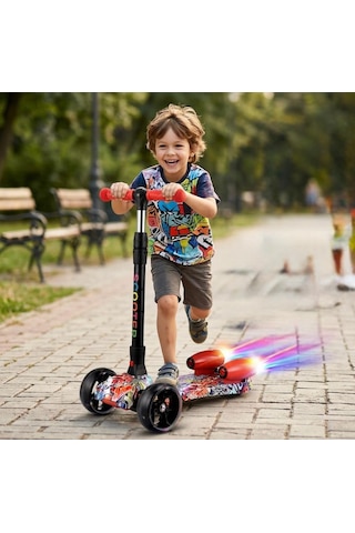 Işıklı Sesli Duman Atan 100 Kg Taşıma Kapasiteli Desenli Büyük Boy 3 Tekerlekli Çocuk Scooter Çok Renkli